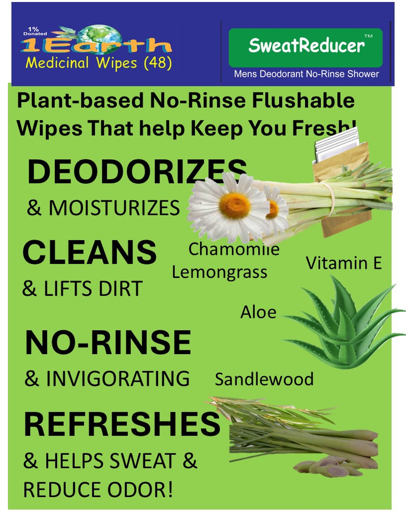 Medicinal Wipes, Mens SweatReducer, 1Earth, Case of 6 Packs of 16 (96 Wipes)