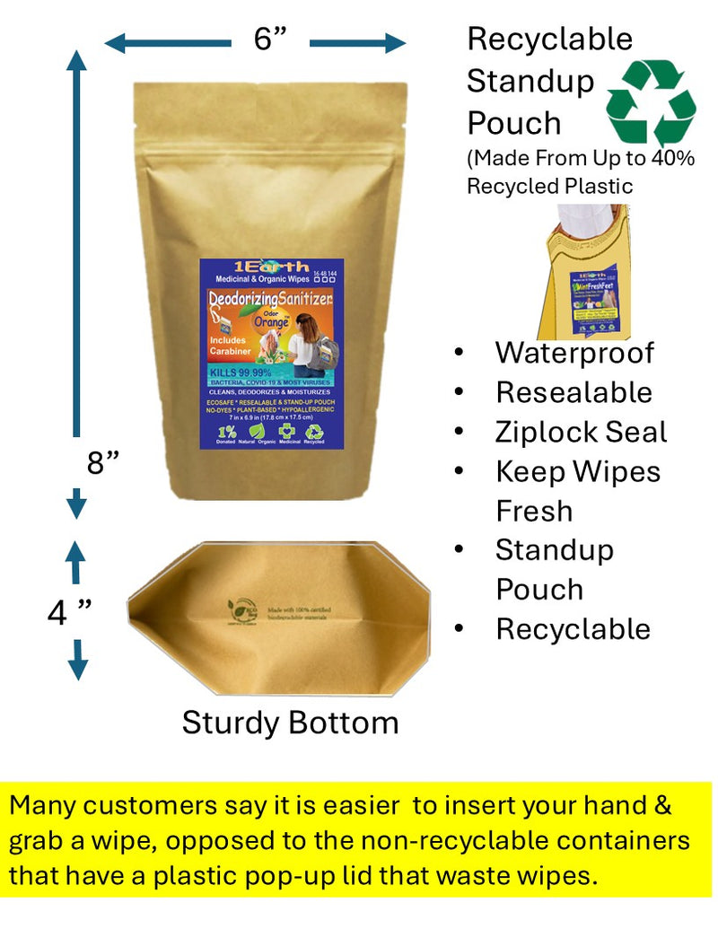 Medicinal Wipes with Carabiner, DeodorizingSanitizer, 1Earth, Case of 6 Packs of 16 Wipes and Carabiner (96 Wipes and 6 Carabiners)