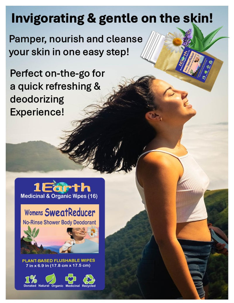 Medicinal Wipes, Womens SweatReducer, 1Earth, Case of 6 Packs of 16 (96 Wipes)