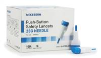 Safety Lancet, McKesson, Fixed Depth Lancet Needle 1.8 mm Depth 23 Gauge Push Button Activated, 16-PBSL23G - Pack of 100