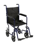 19" Transport Wheelchair, Blue Frame, Aluminum , Fixed Arms, Padded Black, 8 Inch Wheels