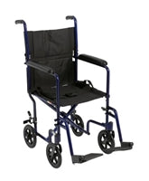19" Transport Wheelchair, Blue Frame, Aluminum , Fixed Arms, Padded Black, 8 Inch Wheels