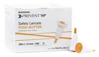 McKesson Prevent Safety Lancet Fixed Depth Lancet Needle 1.0 mm Depth 28 Gauge Push Button Activated, 16-PBHPSL28G1.0 - Case of 2000