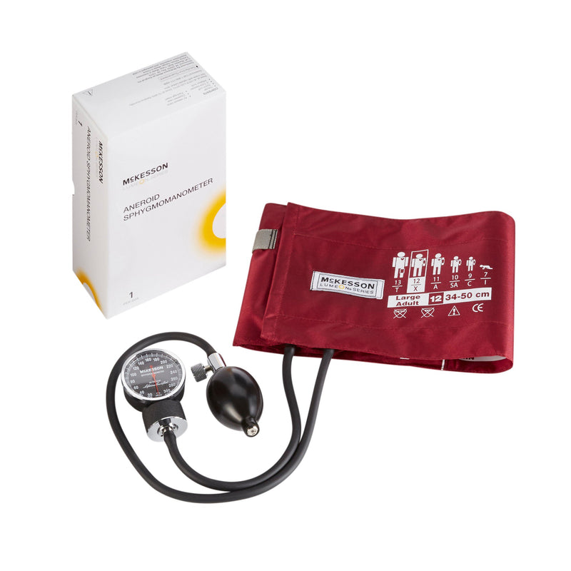McKesson Lumeon Aneroid Sphygmomanometer with Cuff, 2-Tube, Pocket-Size, Handheld, Adult Large Cuff, Burgundy, McKesson Brand 01-720-12XBDGM, 20 Count