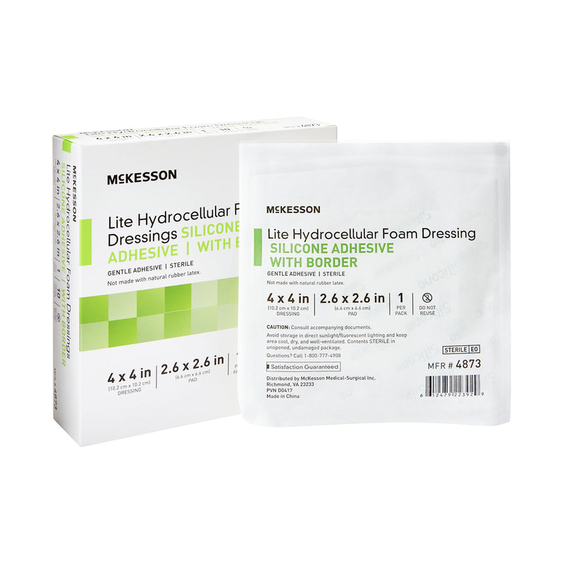 McKesson Lite Silicone Gel Adhesive with Border Thin Silicone Foam Dressing, 4 x 4 Inch, McKesson Brand 4873, 1 Count